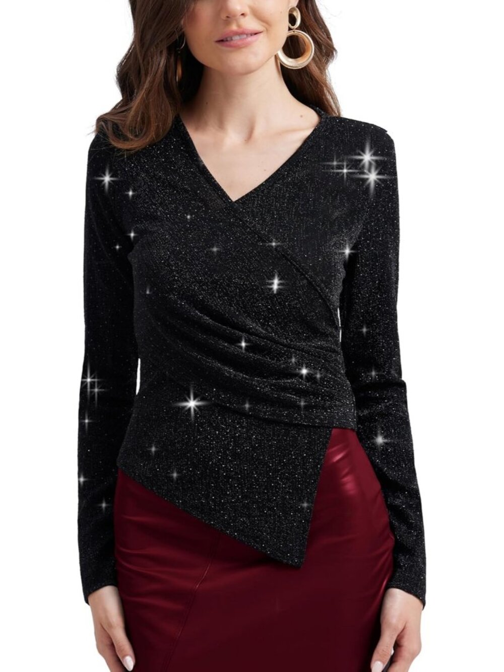 Women's Dark Black V Neck Glitter Sparkly Blouse Long Sleeve Cocktail Party Top